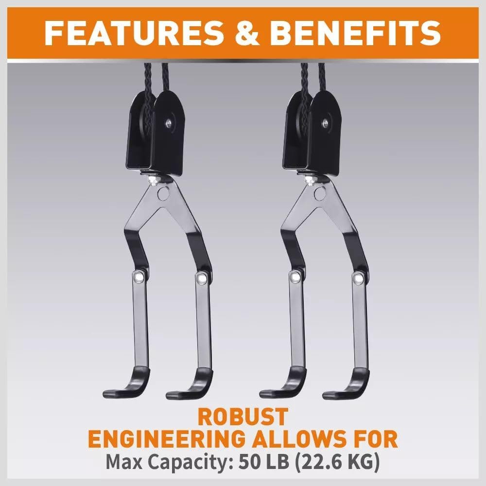 HORUSDY 2-Pack Bicycle Lift Ceiling Mount, Heavy-Duty Bike Pulley System for Garage, Ladder, and Kayak Storage with Safe Locking Mechanism, Max Capacity 50 LB Each