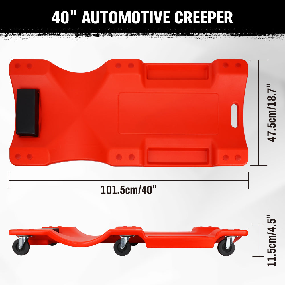 40-inch plastic mechanic creeper with padded headrest, tool trays and 360 degree swivel casters for automotive repair