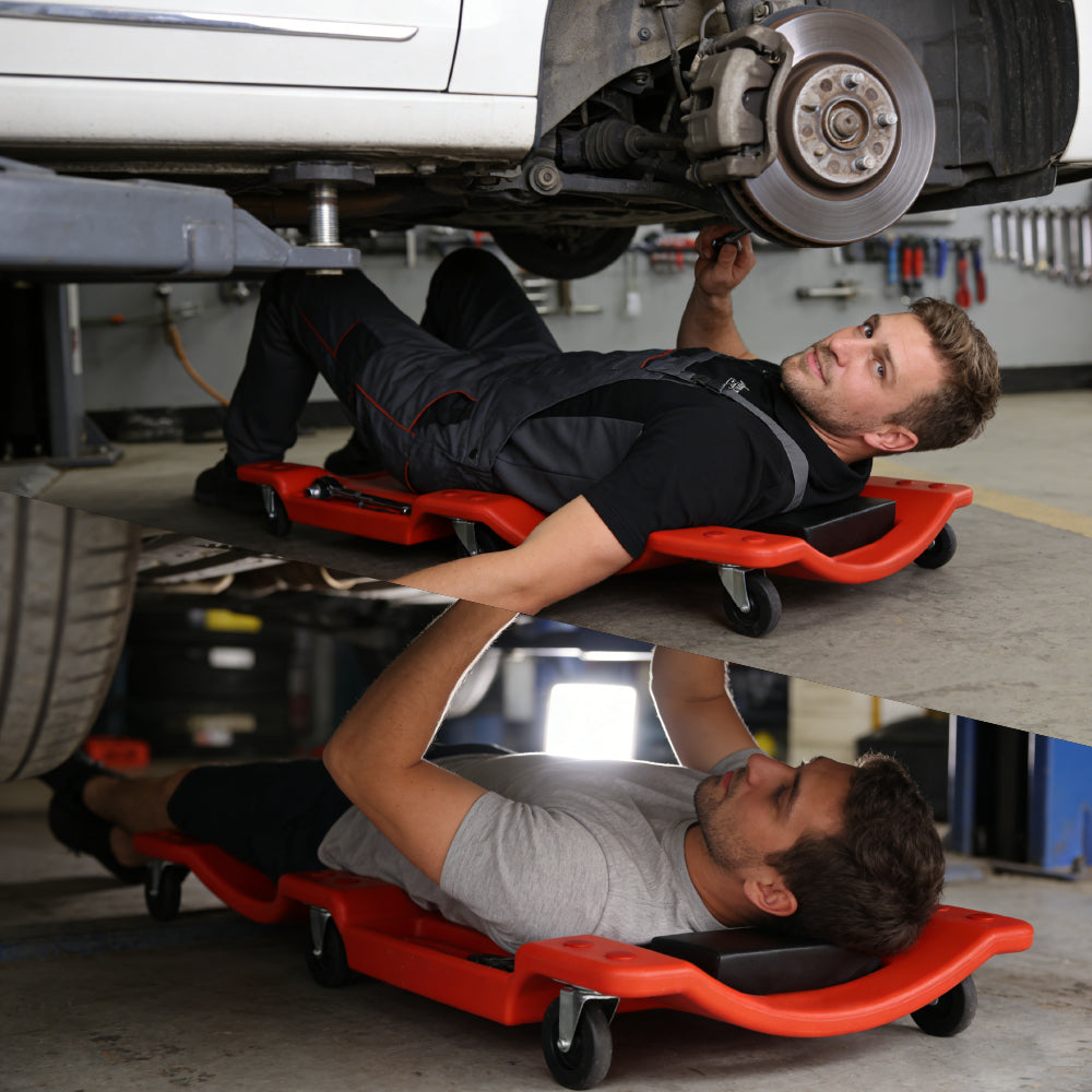 40-inch plastic mechanic creeper with padded headrest, tool trays and 360 degree swivel casters for automotive repair