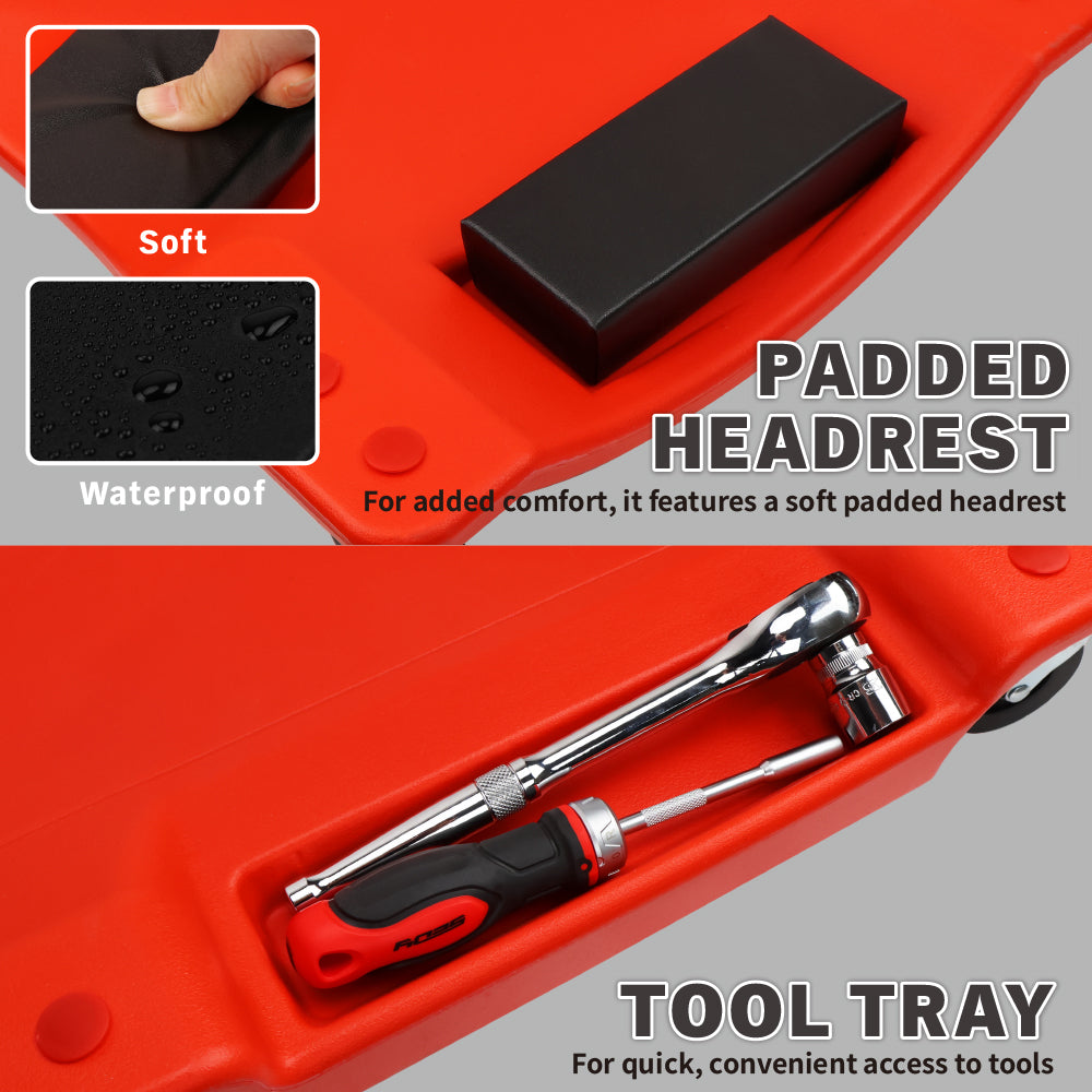 40-inch plastic mechanic creeper with padded headrest, tool trays and 360 degree swivel casters for automotive repair