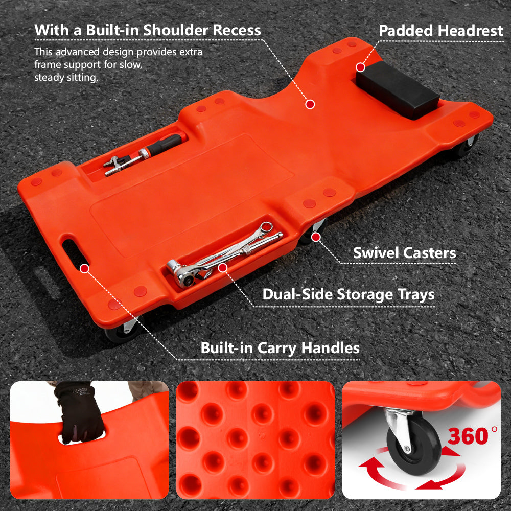 40-inch plastic mechanic creeper with padded headrest, tool trays and 360 degree swivel casters for automotive repair