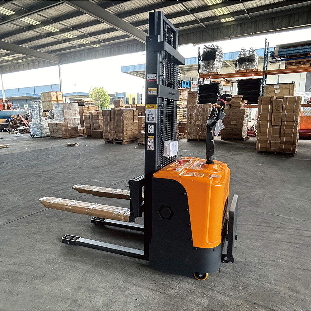 Stand-up electric stacker with 3-meter lift height and 1500kg capacity. Designed for efficient material handling in warehouses, featuring durable construction, ergonomic controls, and compact design for easy maneuverability.