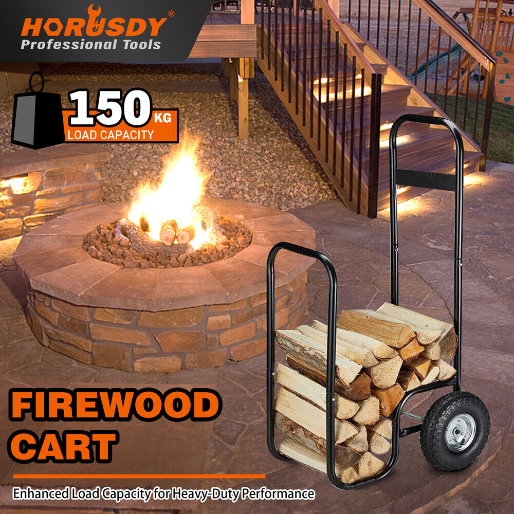HORUSDY heavy-duty firewood cart with 150kg load capacity, sturdy frame, and large rubber wheels, perfect for transporting wood