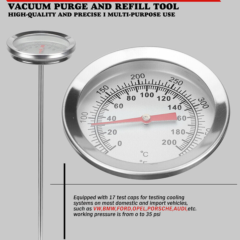 34pc pneumatic coolant pressure tester vacuum cooling system purge and refill kit with various radiator adapters, hose, and storage case