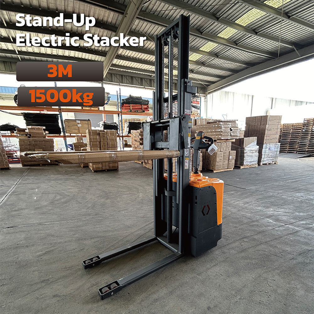 Stand-up electric stacker with 3-meter lift height and 1500kg capacity. Designed for efficient material handling in warehouses, featuring durable construction, ergonomic controls, and compact design for easy maneuverability.