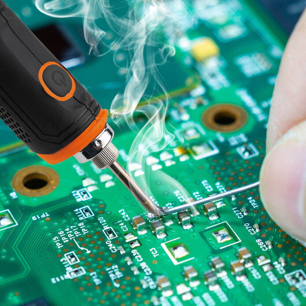 Cordless soldering iron kit with rechargeable 2000mAh battery, quick heating feature, and LED light