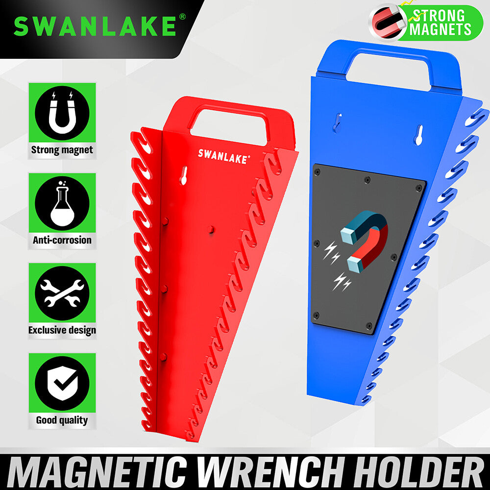 Magnetic wrench organiser set with red and blue 15-slot holders for wall or toolbox mounting, heavy-duty design with strong rare-earth magnets