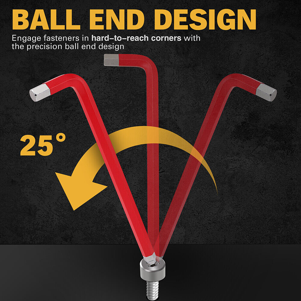 ELEAD 13-piece red hex key set with ball ends and size indicators, ranging from 5/64” to 3/4", for precision work in tight spaces