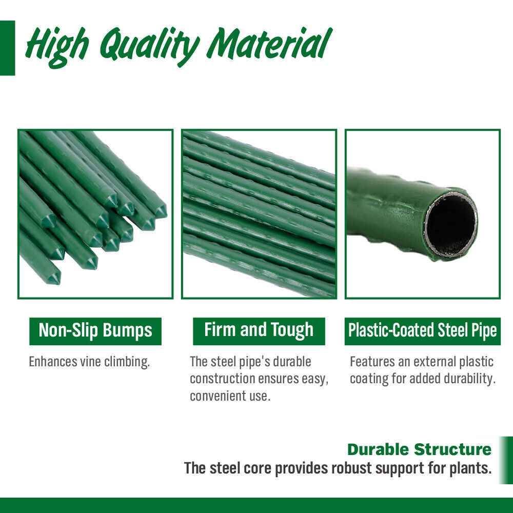 Bundle of 12 green coated metal garden stakes, 16mm diameter, available in 150cm and 180cm lengths for plant support