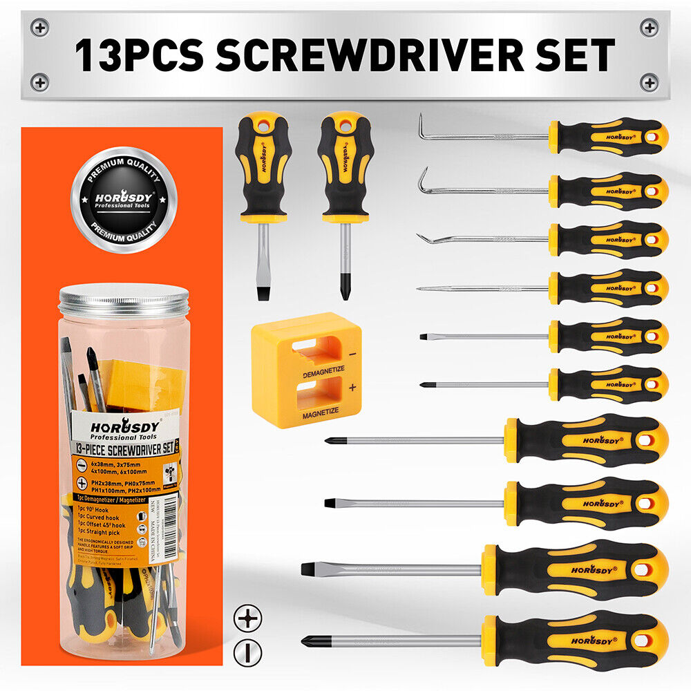 HORUSDY 13Pcs Magnetic Screwdriver Set Phillips Flat Head Tips Automotive Hook