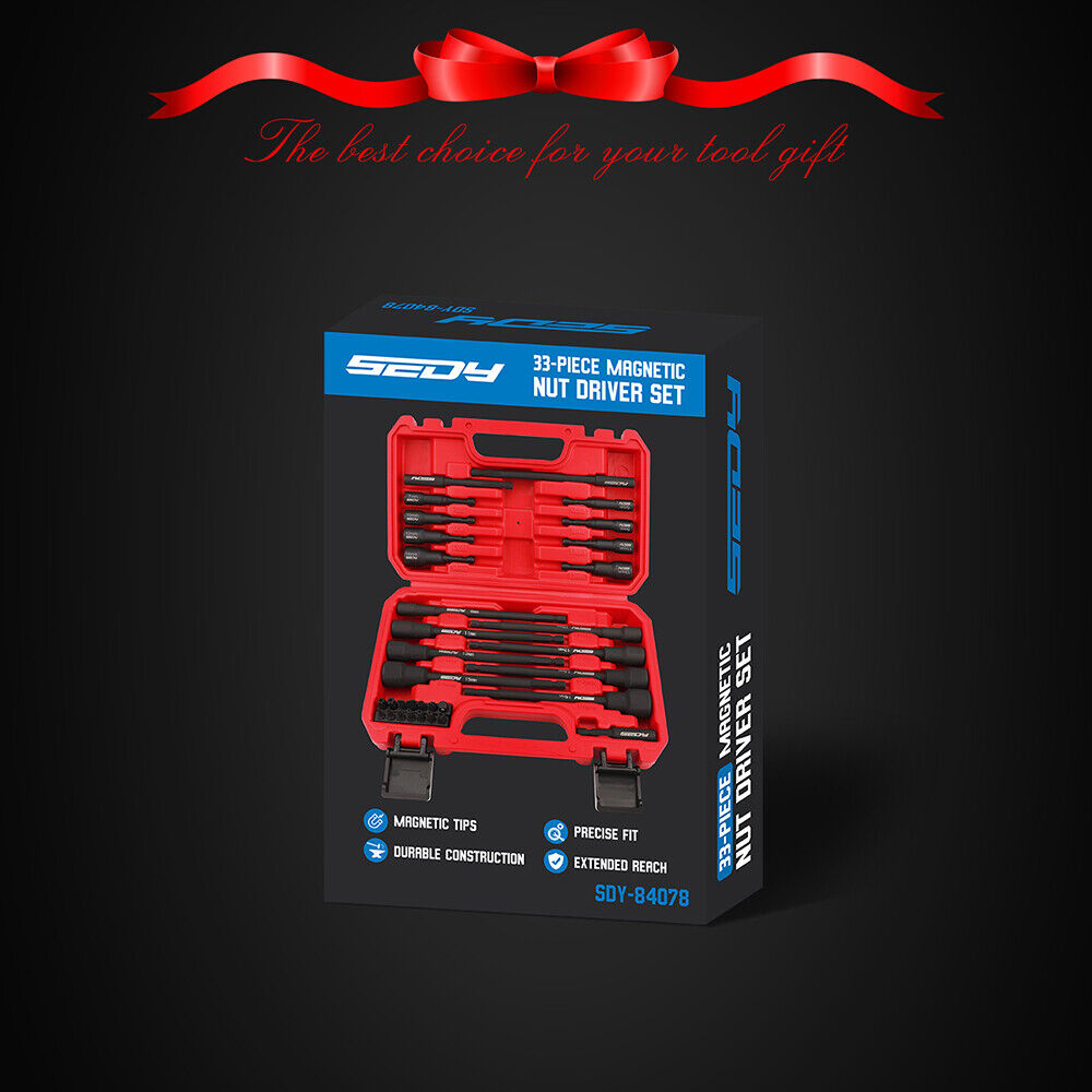 33-piece Sedy Nut Driver Set with magnetic force, extra-long drivers, CR-V steel material, and a convenient storage case for easy organization