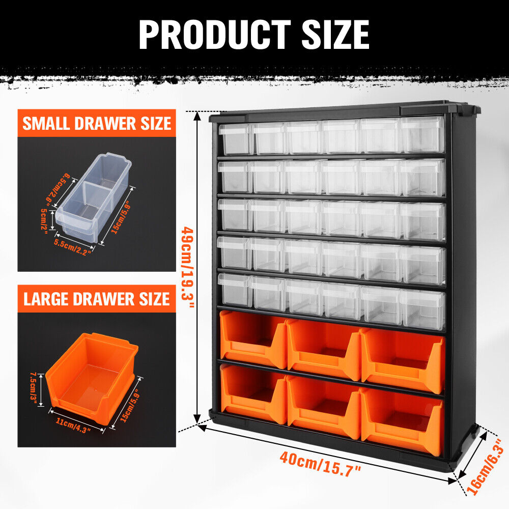 Wall mount 36 drawer parts organiser with clear and orange bins for screws, tools, and hardware storage