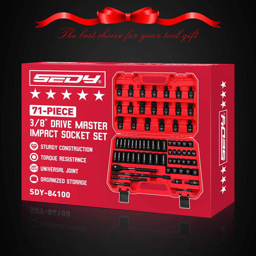 SEDY 71-piece SAE and metric impact socket set with Cr-V steel, swivel sockets, extensions, and durable red carry case for mechanics and automotive work.