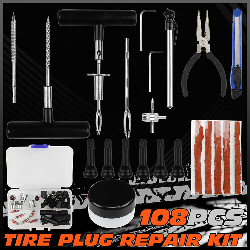 108-piece heavy duty tire repair kit with T-handle tools, pliers, utility knife, and tire plugs in a bright orange case"
