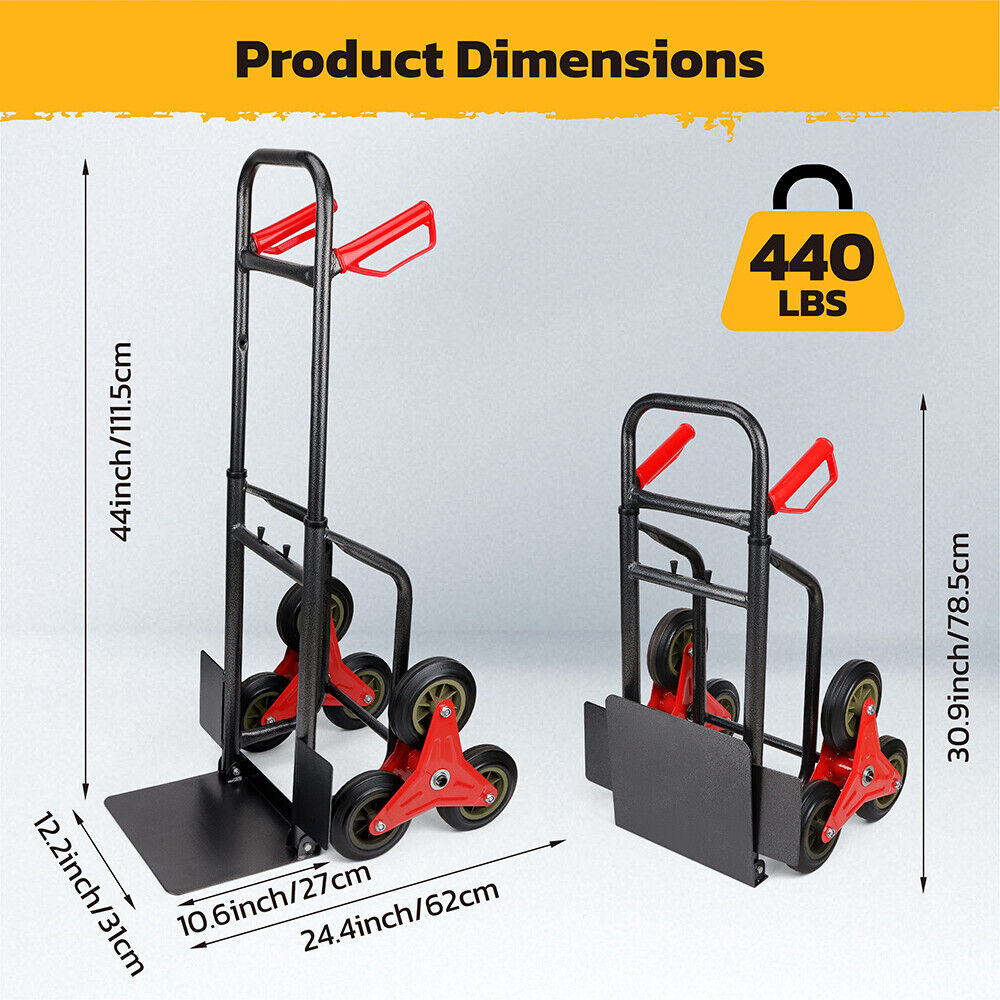 Folding stair climber hand truck with 440 lbs capacity, featuring tri-wheel design, adjustable height, and foldable frame for easy transport.