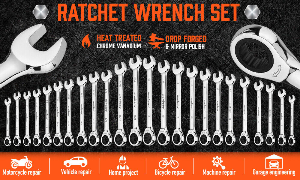 Complete set of 24 HORUSDY ratcheting combination spanners in metric and SAE sizes, showcased with a durable storage case