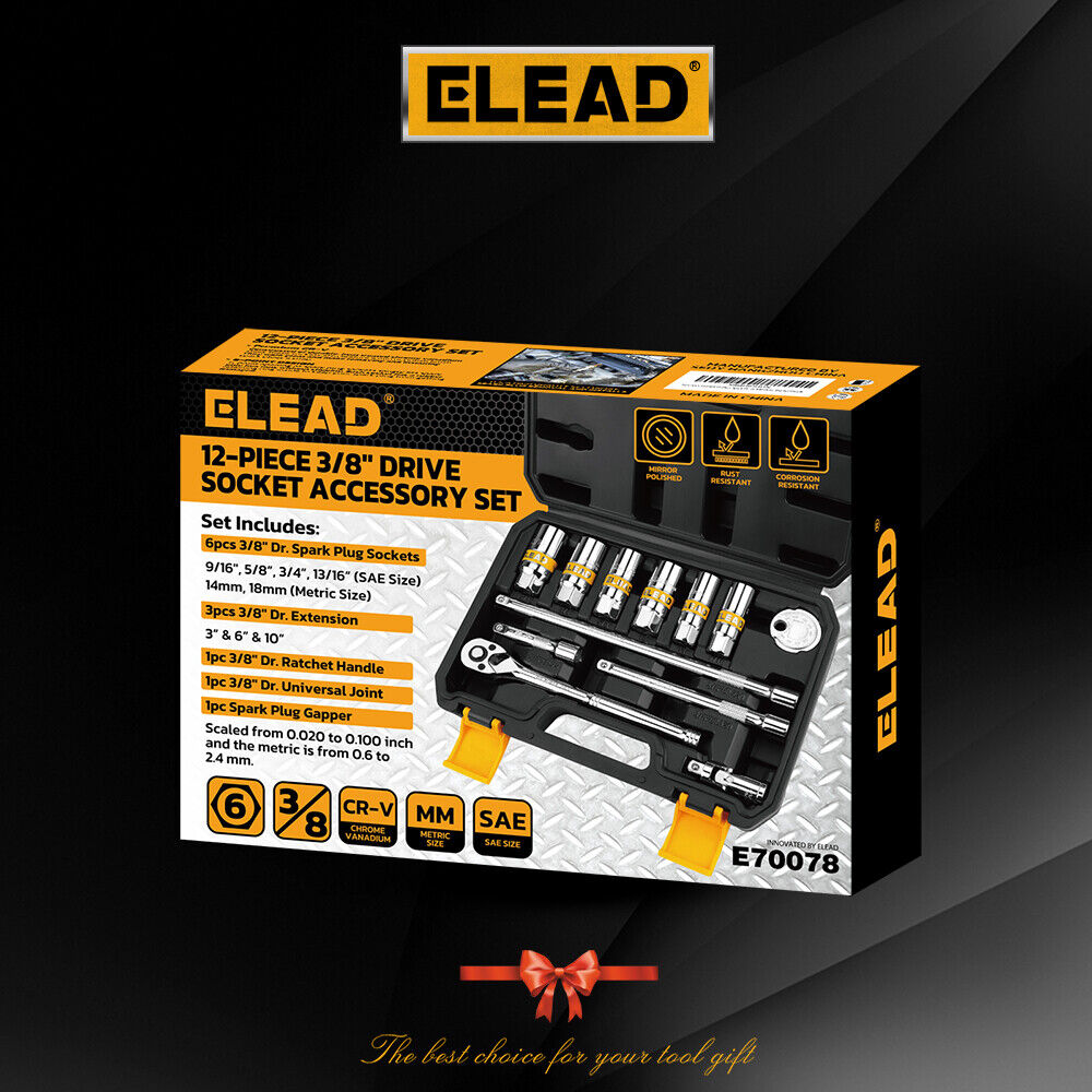 12-piece 3/8" drive socket accessory set with CR-V steel, 6-point design, includes extension bars, universal joint, spark plug gapper, and ratchet handle.