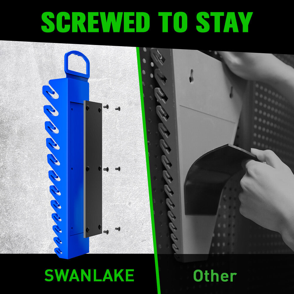 SWANLAKE magnetic wrench organiser with 12 slots and rare-earth magnets, heavy-duty holders for SAE and metric wrenches in red and blue for wall or toolbox mounting