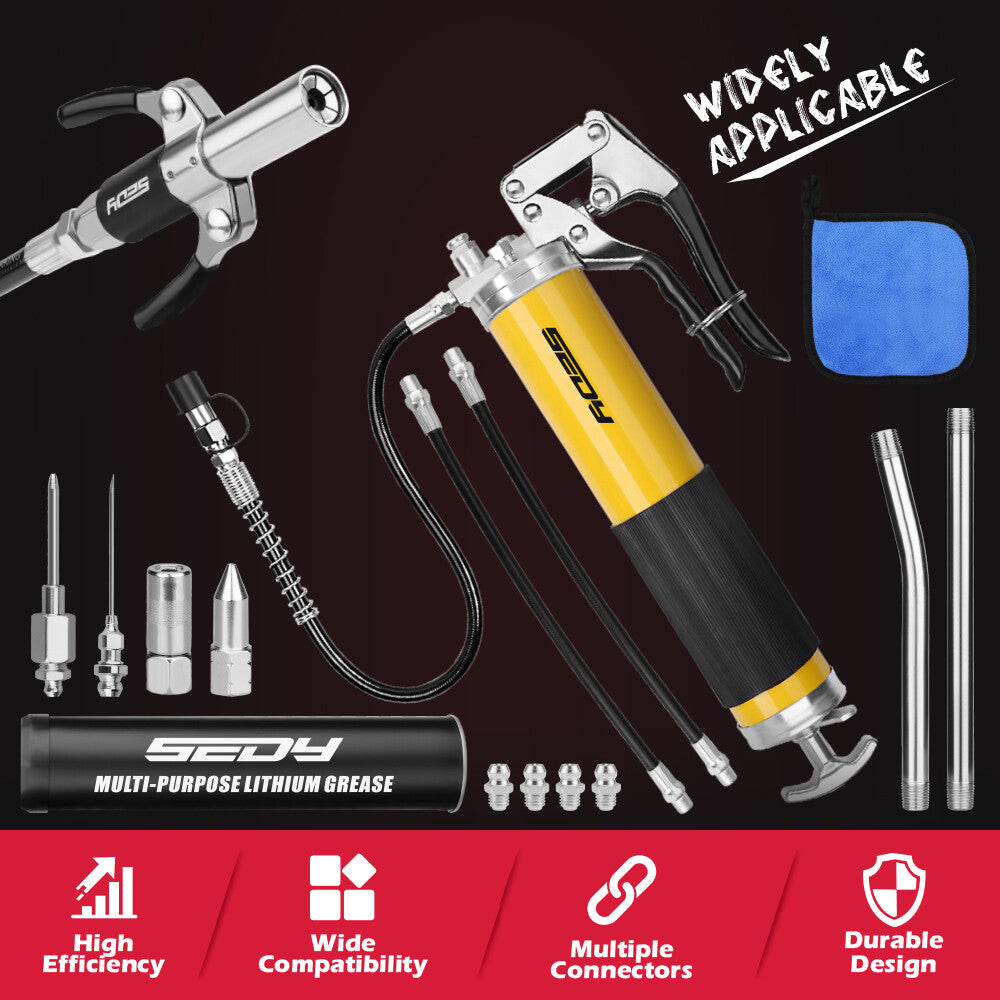 SEDY 17-piece grease gun kit with pistol handle, flexible spring hose, locking coupler, nozzles, and grease canister for heavy-duty lubrication work.