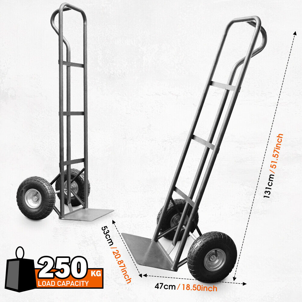 Heavy-duty sack truck with 250kg load capacity, sturdy metal frame, and durable rubber wheels for easy transportation.