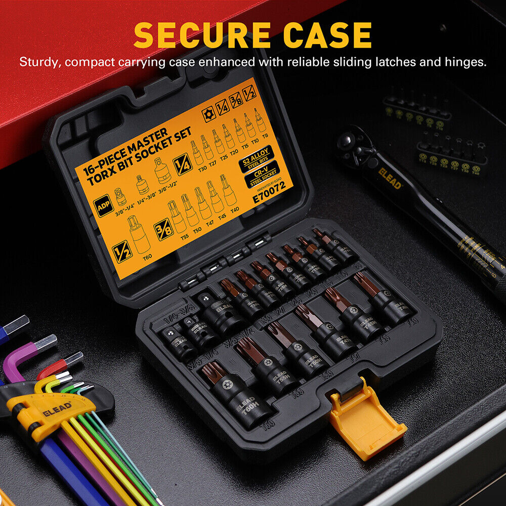 16-piece Torx bit socket set with S2 steel and CR-V, includes 1/4", 3/8", and 1/2" drive sizes, ideal for automotive and mechanical work