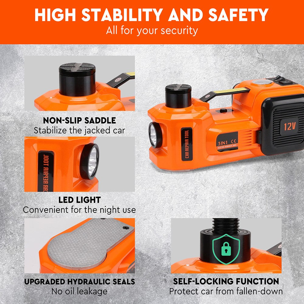 5T 12V Electric Hydraulic Car Jack Set with Built-in Tire Inflator Pump, LED Light, and Accessories