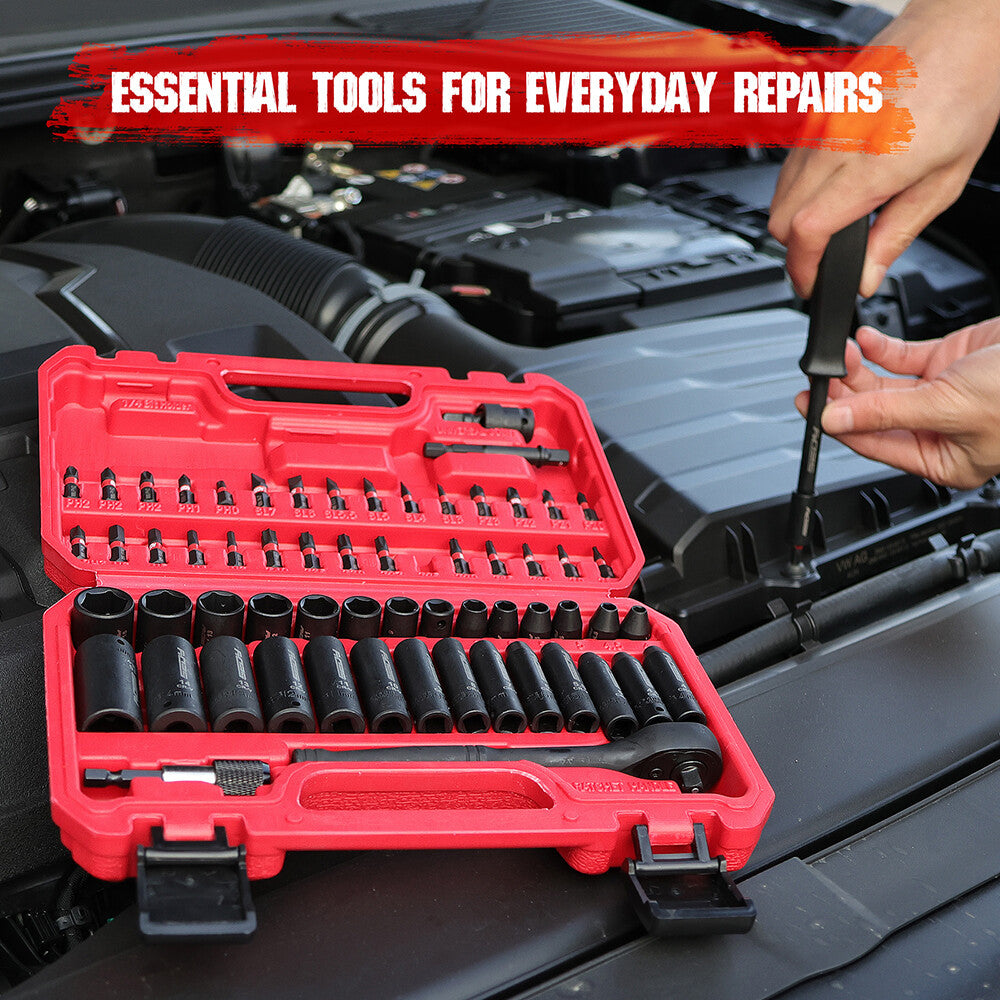 SEDY 64-piece socket and bit wrench set with CR-V steel sockets, universal joint, ratchet handle, and hard carry case for automotive and home tool kits