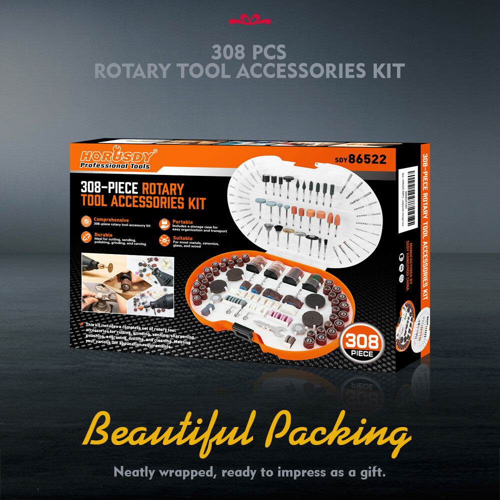 HORUSDY 308-piece rotary accessories kit compatible with Dremel tools, includes sanding, grinding, polishing, and cutting tools with organised storage case.