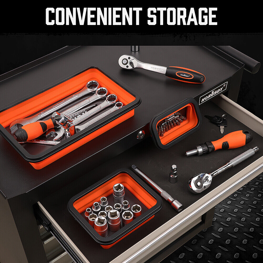 Orange and black HORUSDY magnetic parts tray set in three sizes for tool organization and storage.