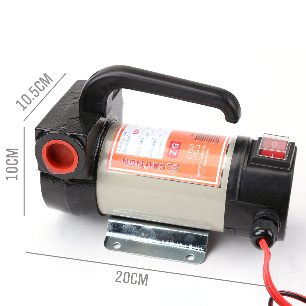 12V electric diesel fuel transfer pump kit with accessories including clamps, connectors, filter, and self-priming portable design