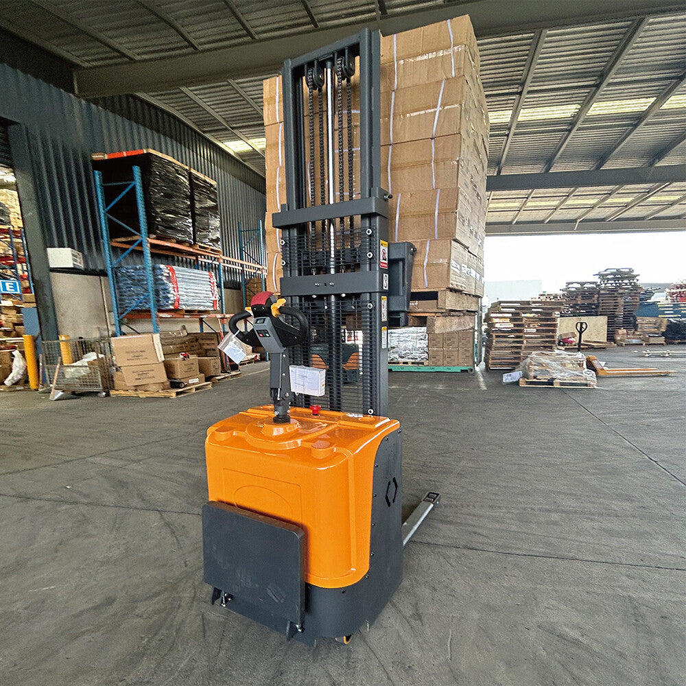 Stand-up electric stacker with 3-meter lift height and 1500kg capacity. Designed for efficient material handling in warehouses, featuring durable construction, ergonomic controls, and compact design for easy maneuverability.