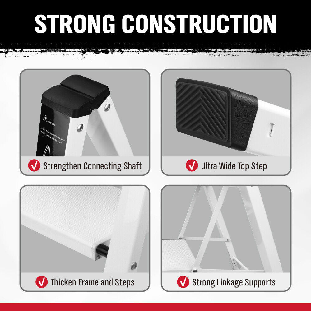 Folding step ladder with 2-step and 3-step options, featuring a compact, space-saving design, non-slip steps, and a 150kg weight capacity, ideal for home and office applications
