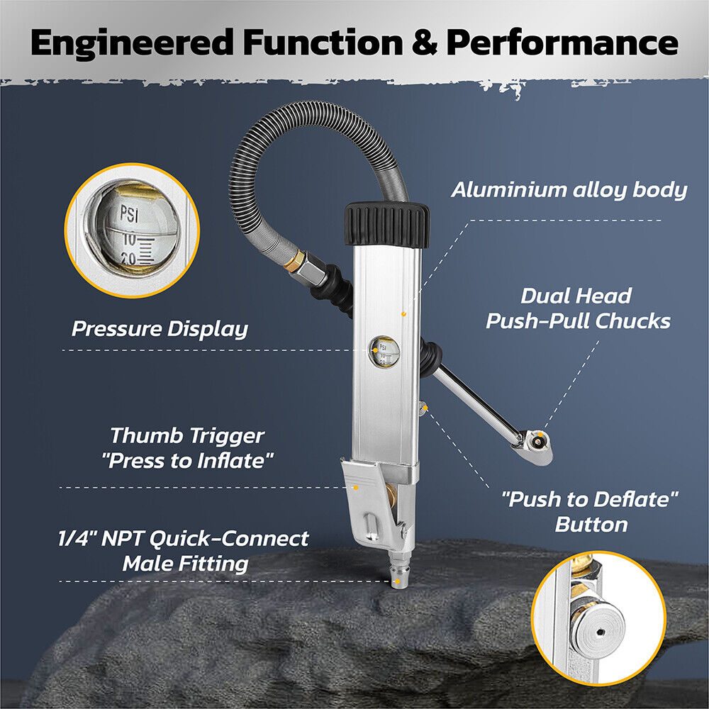 Handheld tire inflator with digital pressure gauge, dual head chucks, and TPMS compatibility for accurate inflation and deflation.