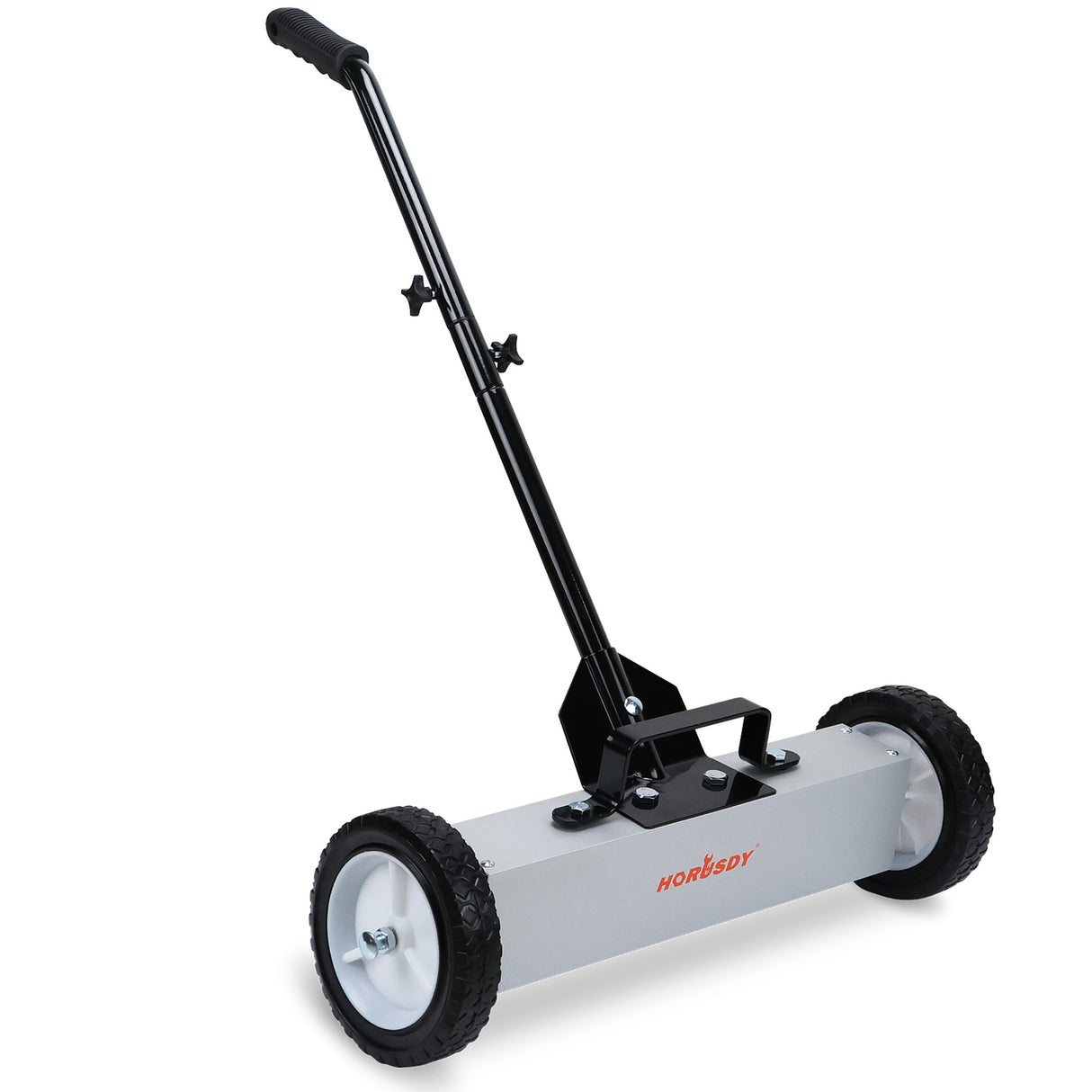 Magnetic sweeper with adjustable handle, 20-inch width, and quick-release feature for easy metal debris collection.