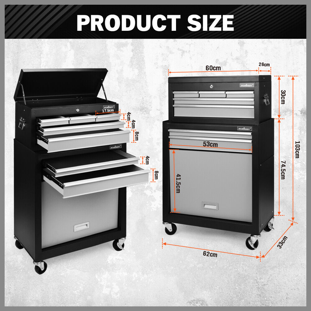 Heavy duty 7-drawer tool box chest with lockable storage cabinet in black, blue, and grey options