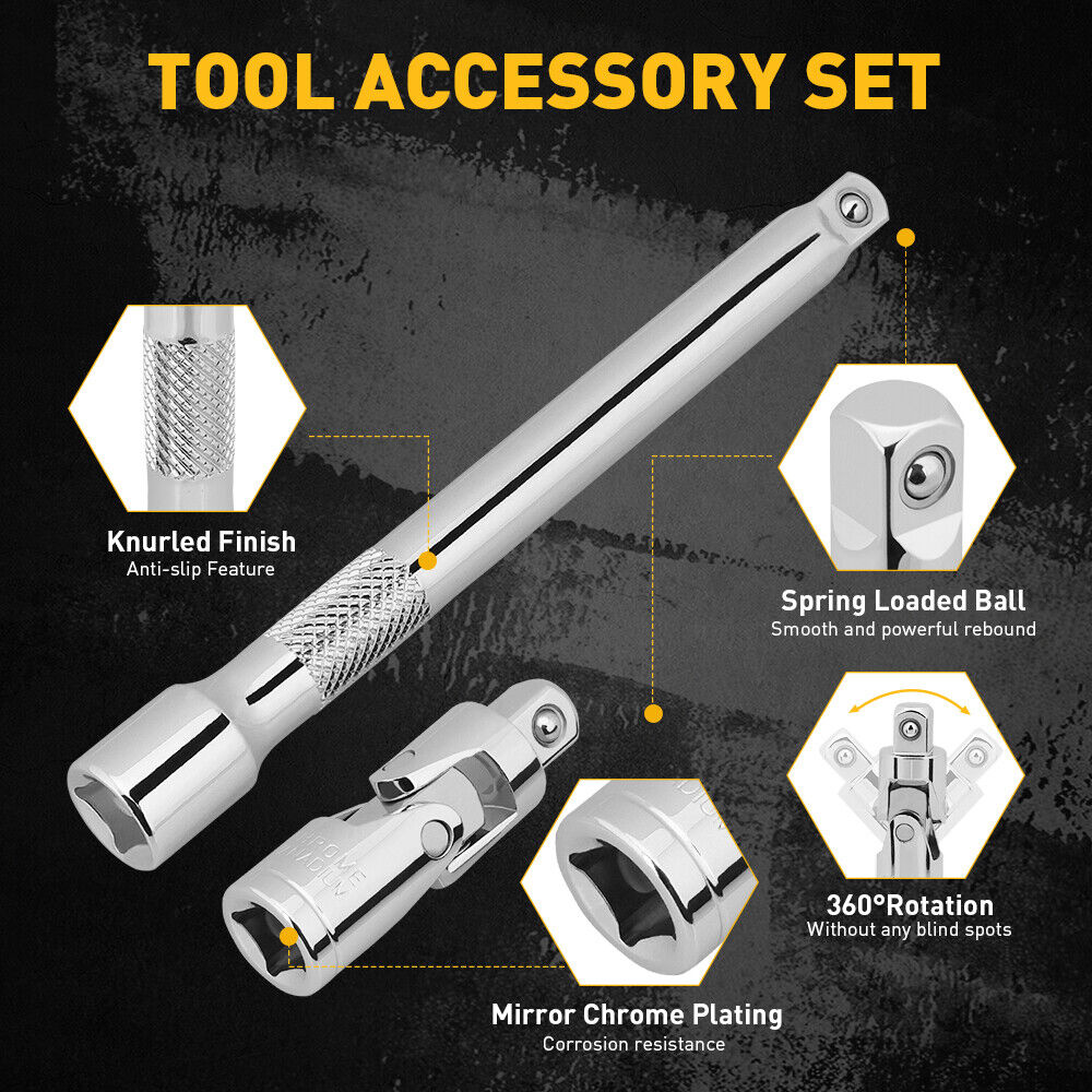 12-piece 3/8" drive socket accessory set with CR-V steel, 6-point design, includes extension bars, universal joint, spark plug gapper, and ratchet handle.