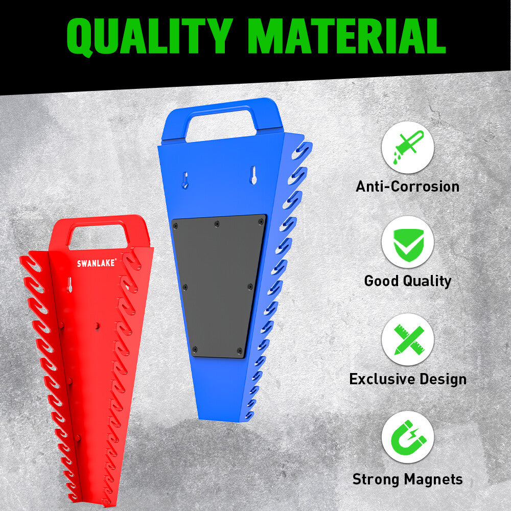 Magnetic wrench organiser set with red and blue 15-slot holders for wall or toolbox mounting, heavy-duty design with strong rare-earth magnets