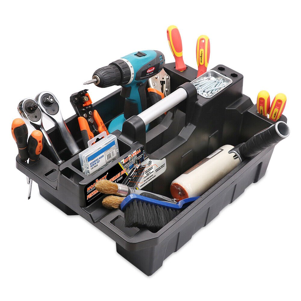 Portable tool storage box with magnetic tray and multiple compartments for organizing tools, screws, and fasteners, ideal for automotive and home use.