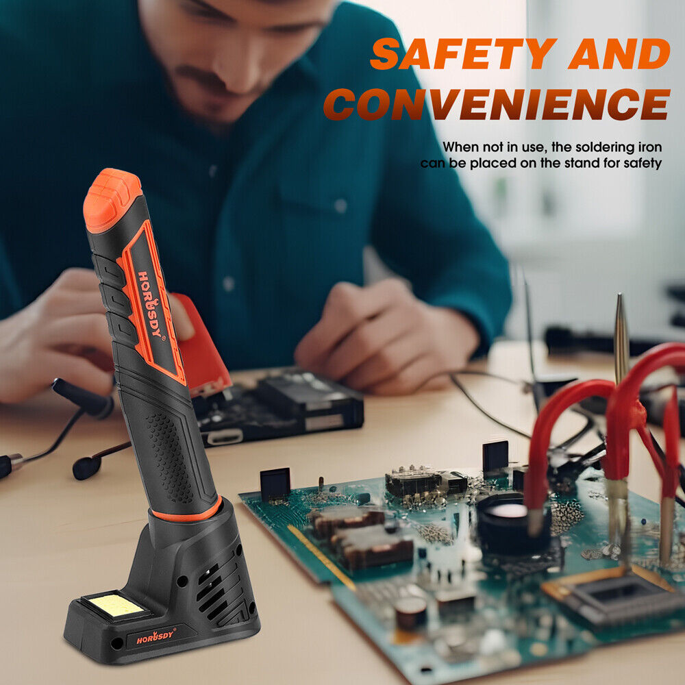 Cordless soldering iron kit with rechargeable 2000mAh battery, quick heating feature, and LED light