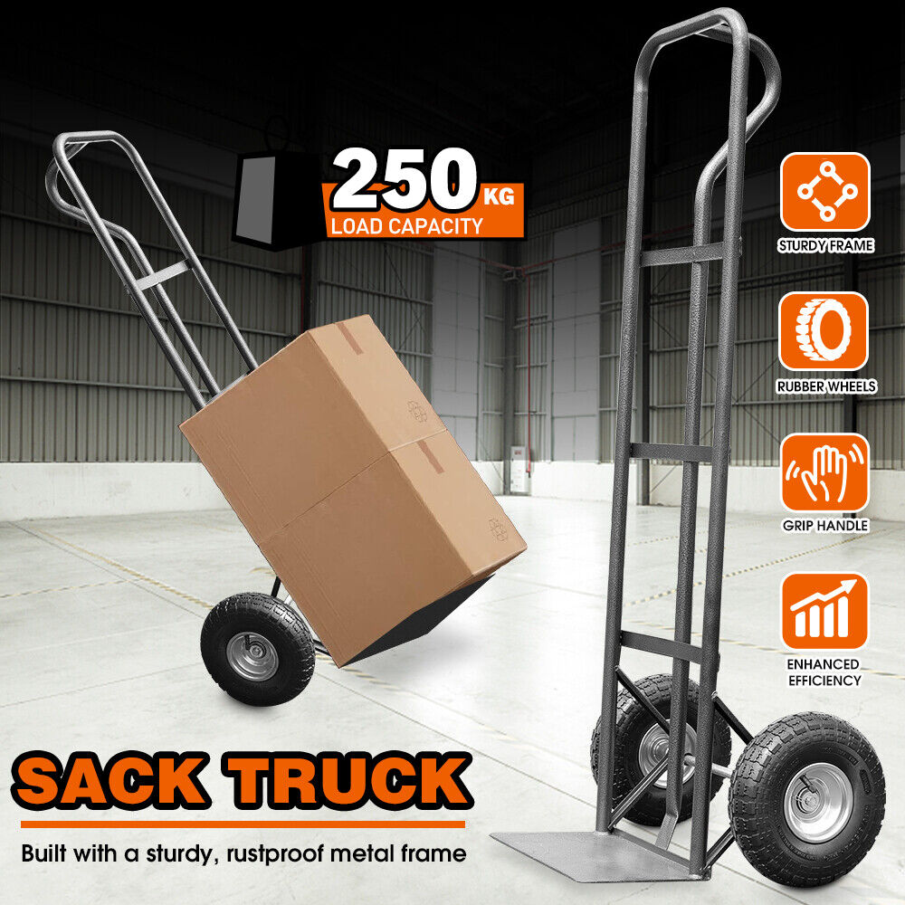 Heavy-duty sack truck with 250kg load capacity, sturdy metal frame, and durable rubber wheels for easy transportation.