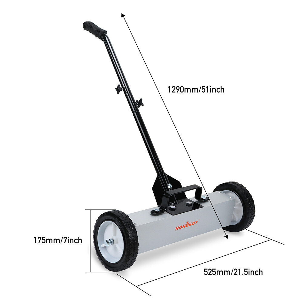 Magnetic sweeper with adjustable handle, 20-inch width, and quick-release feature for easy metal debris collection.