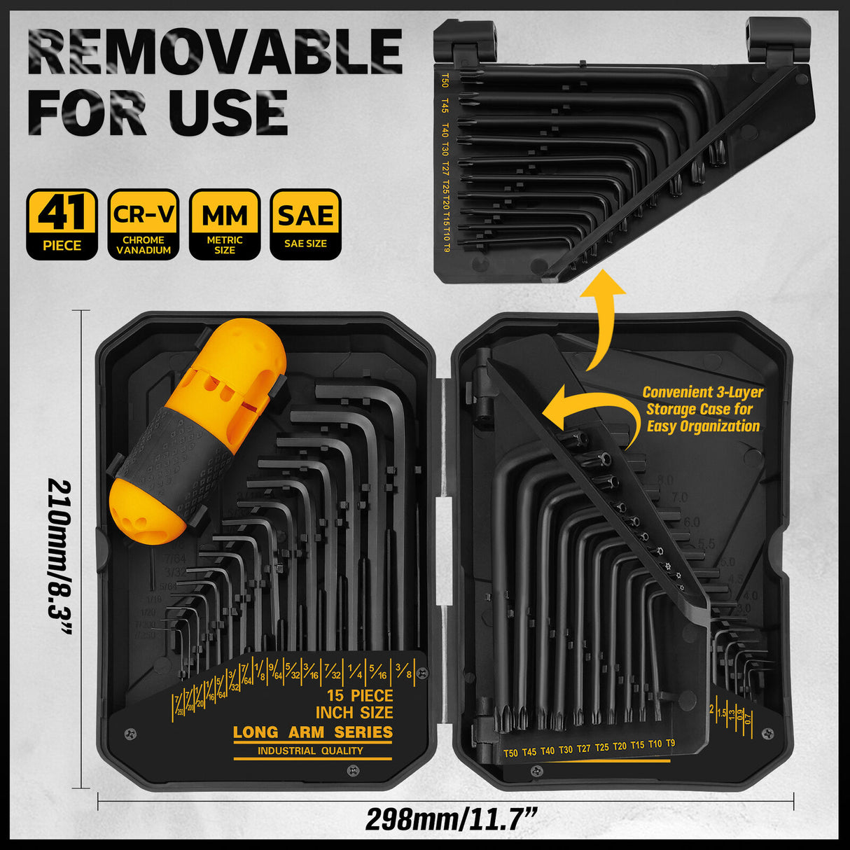 "41-piece hex and torx key allen wrench set with T-handle, featuring metric and SAE sizes, ideal for mechanics and DIY enthusiasts."