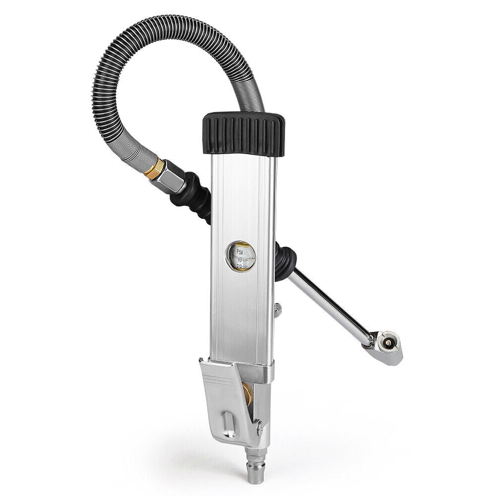 Handheld tire inflator with digital pressure gauge, dual head chucks, and TPMS compatibility for accurate inflation and deflation.
