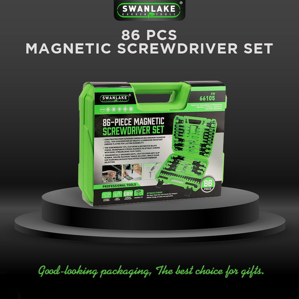 86-piece magnetic screwdriver and nut driver set with replaceable bits, ratcheting handle, and organized storage case for repair and home use