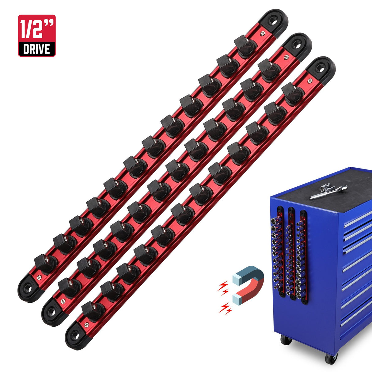 Magnetic socket organizer set with detachable trays for 1/4", 3/8", and 1/2" drive sockets. Ideal for garage tool organization.