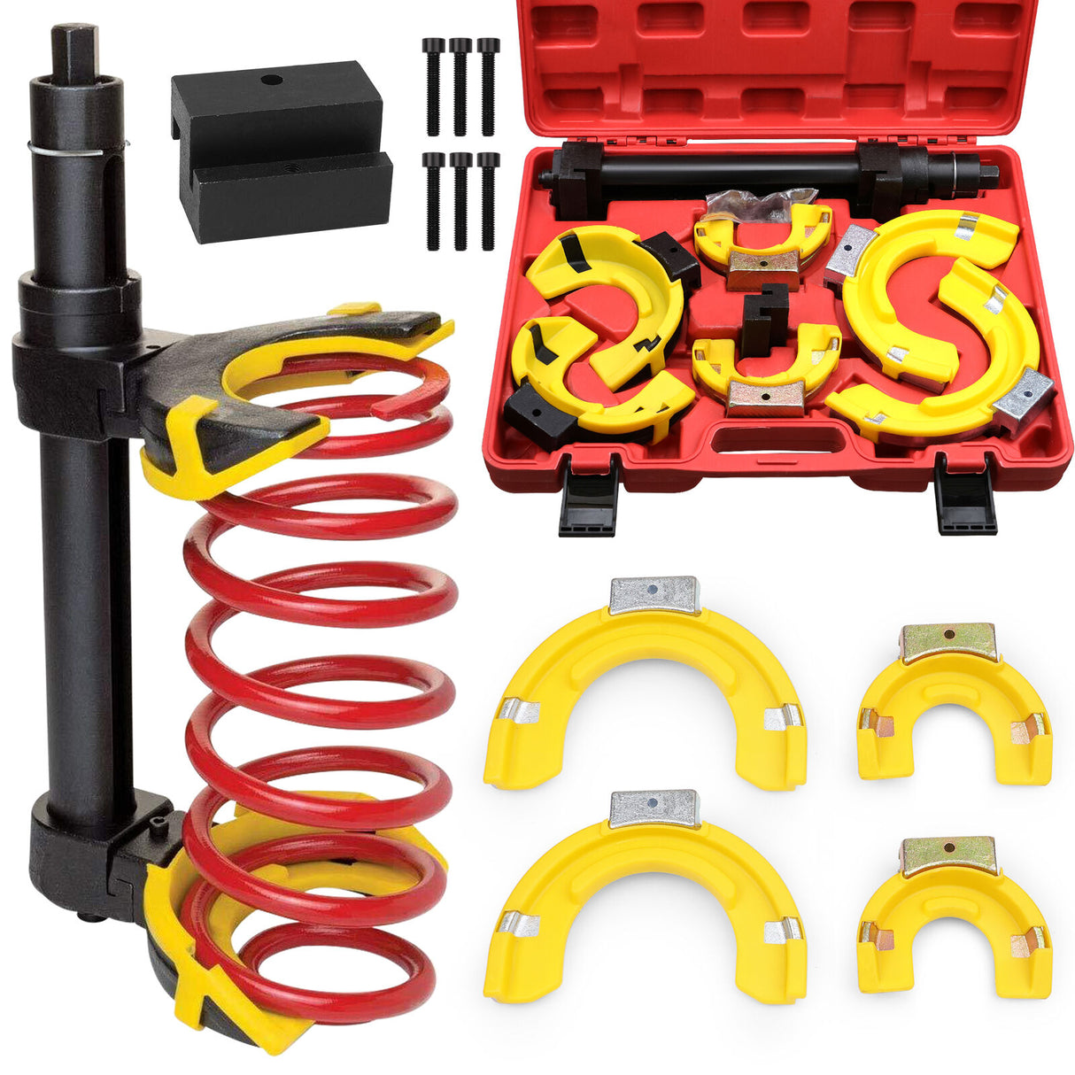 Professional coil spring compressor kit with heavy-duty components for automotive suspension repair