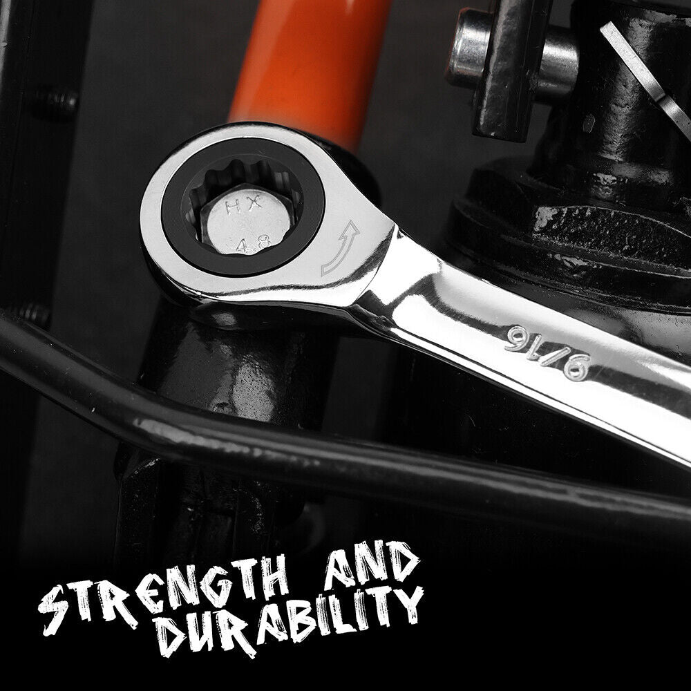 Complete set of 24 HORUSDY ratcheting combination spanners in metric and SAE sizes, showcased with a durable storage case