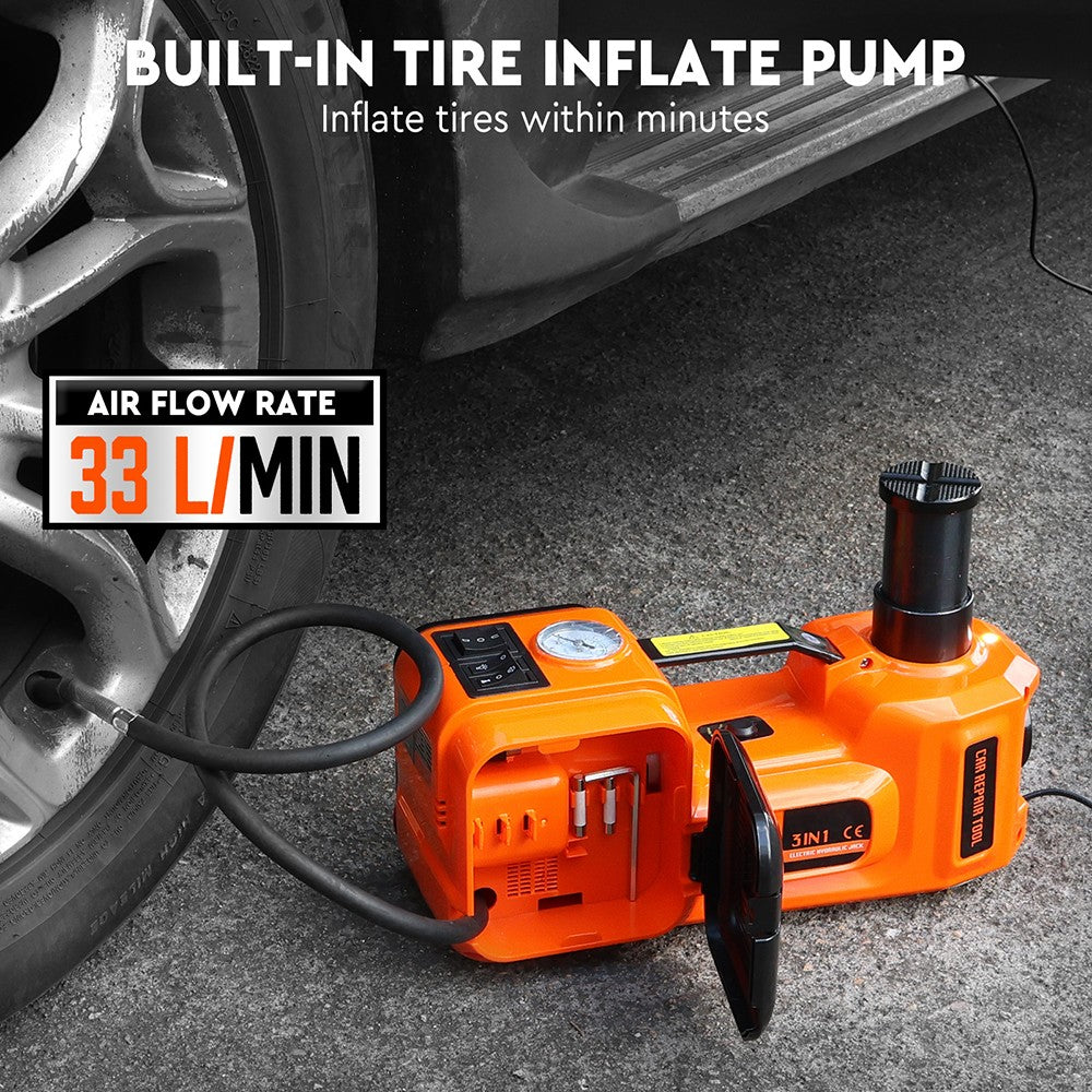 5T 12V Electric Hydraulic Car Jack Set with Built-in Tire Inflator Pump, LED Light, and Accessories