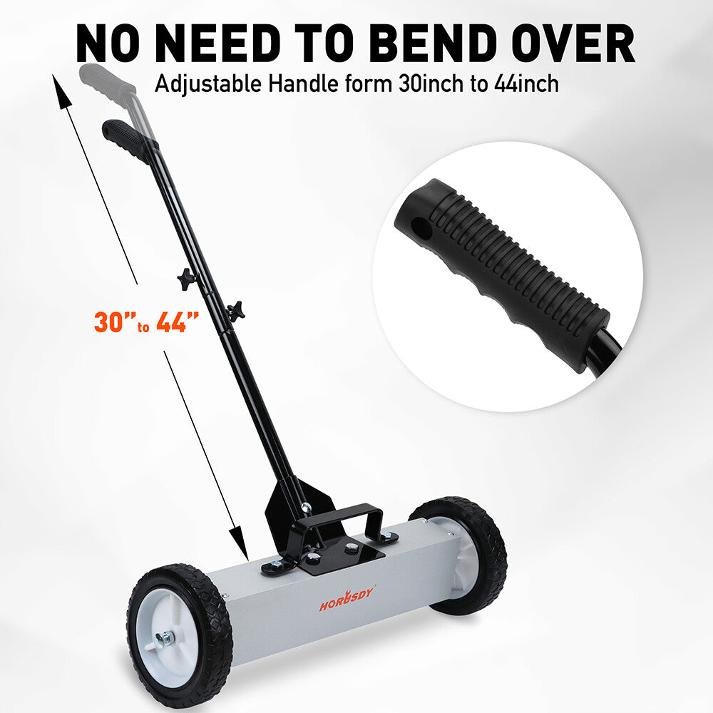 Magnetic sweeper with adjustable handle, 20-inch width, and quick-release feature for easy metal debris collection.