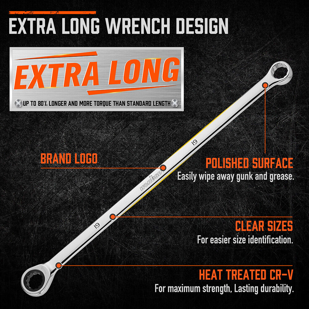 Professional 9-piece ratcheting wrench set with 72-tooth mechanism, rust-resistant polish & extra-long handles - HORUSDY Australia
